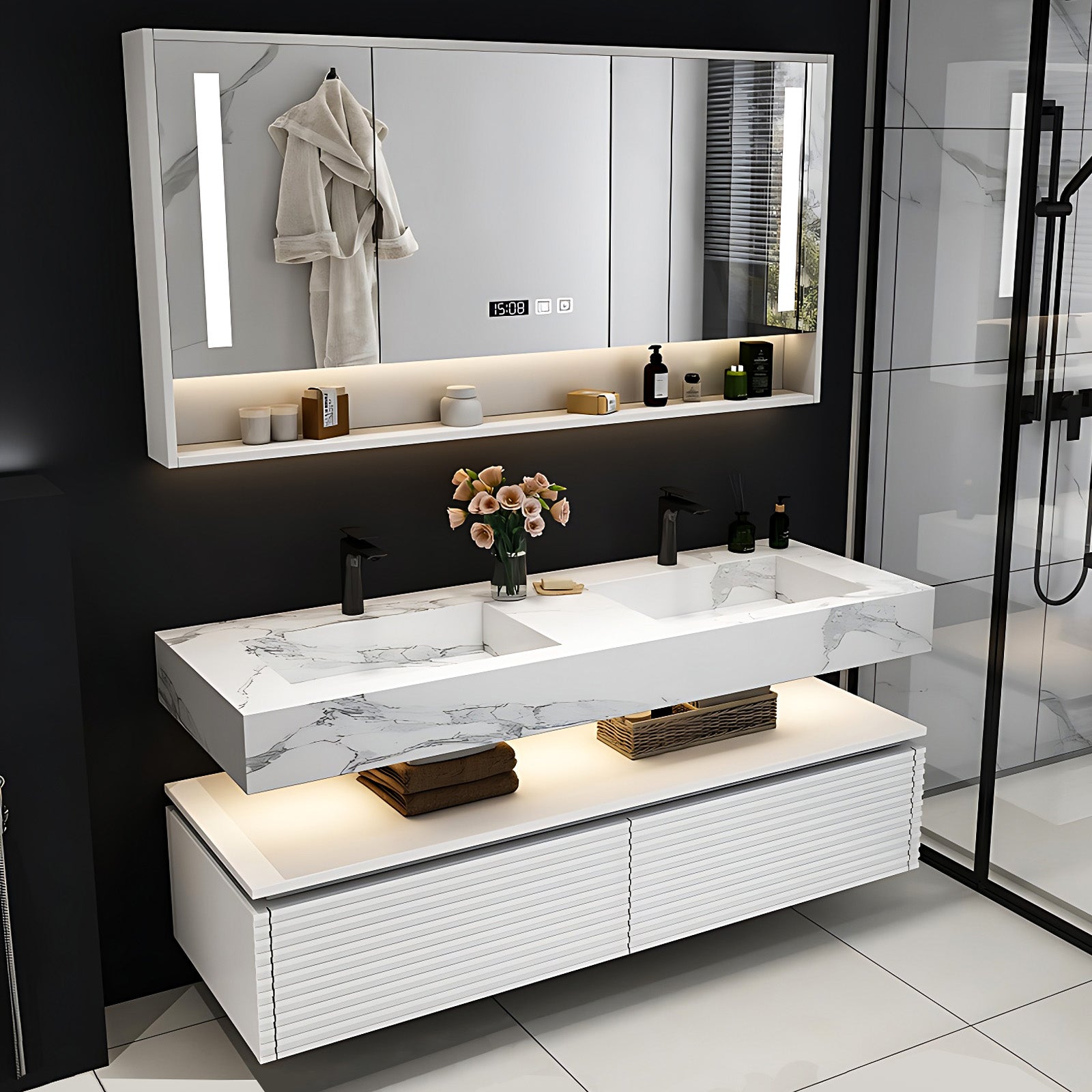 52"- 78" White Vanity Open storage Wall Mounted &LED Smart Mirror & Double Sink and Faucet