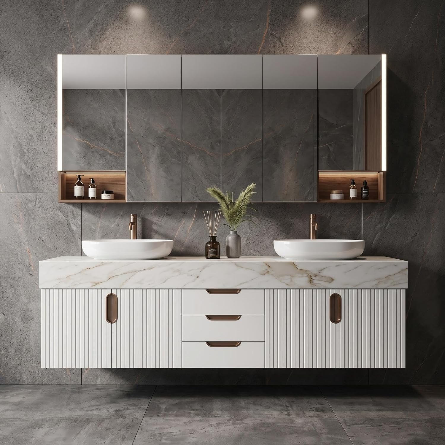 52‘’-110‘’ Floating Bathroom Vanity with Sinks Inlcudes Vertical Ribbed Door