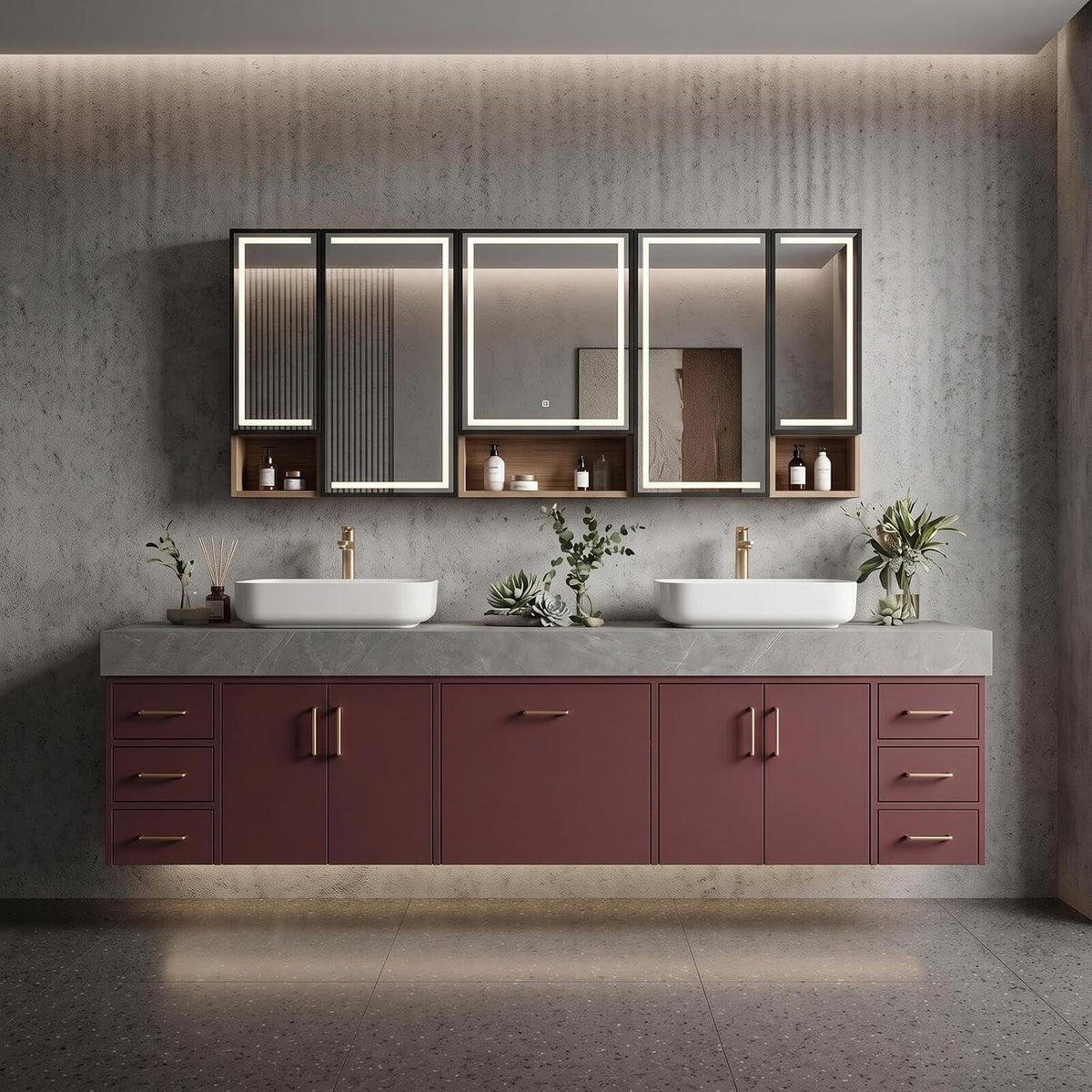 76''-110'' Floating Bathroom Vanity with Double Sink Includes Red Matte Cabinet