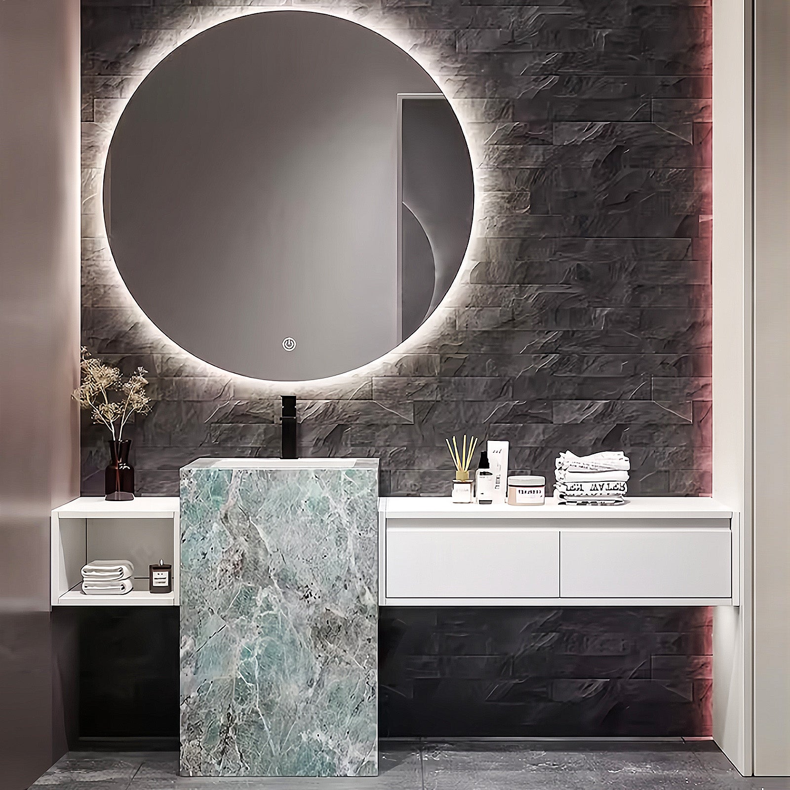 56"- 72" Freestanding Single Ceramic Sink With Round Smart Led Mirror