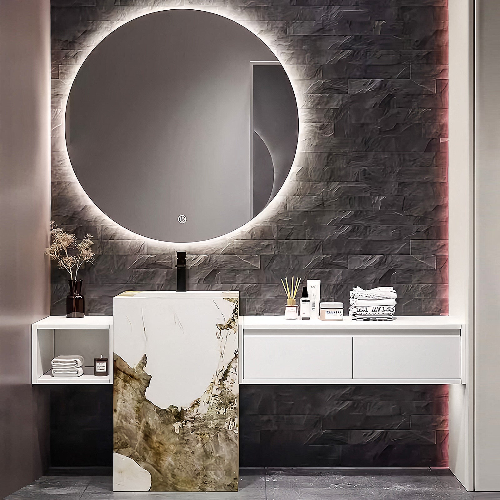 56"- 72" Freestanding Single Ceramic Sink With Round Smart Led Mirror