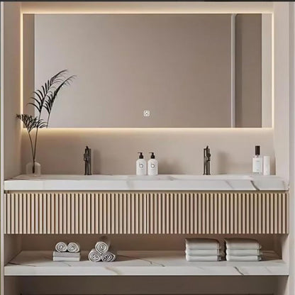 52''-110'' Modern Bathroom Vanity with Double Sinks Includes Beige Striped Design Panel