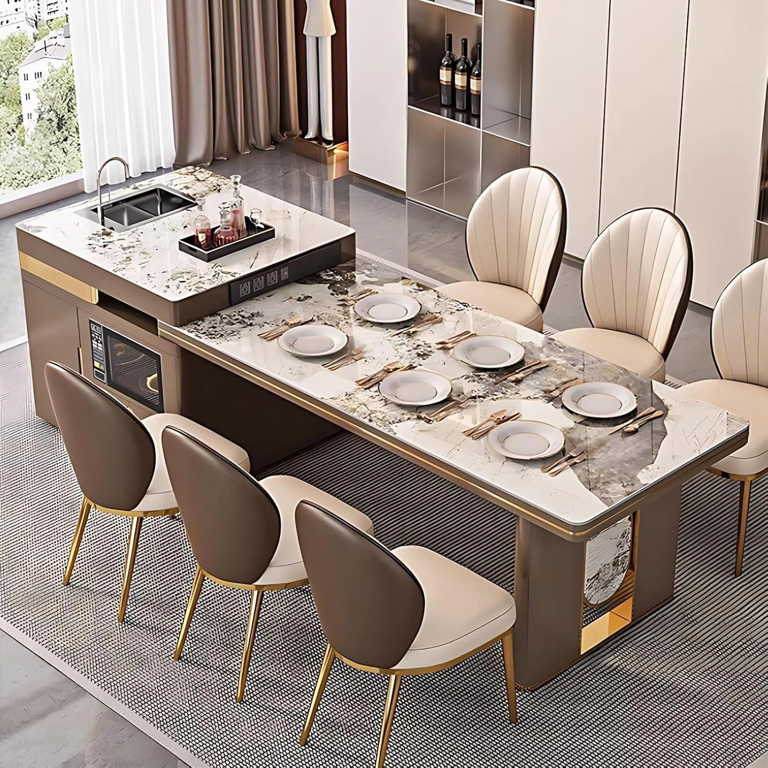 91” - 122” Modern Light Luxury Kitchen Island Includes Visible Storage Design (No Chair)