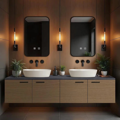 60” - 84” Brown Practical Bathroom Vanity with Black Slate Countertop and Wood Grain Cabinet