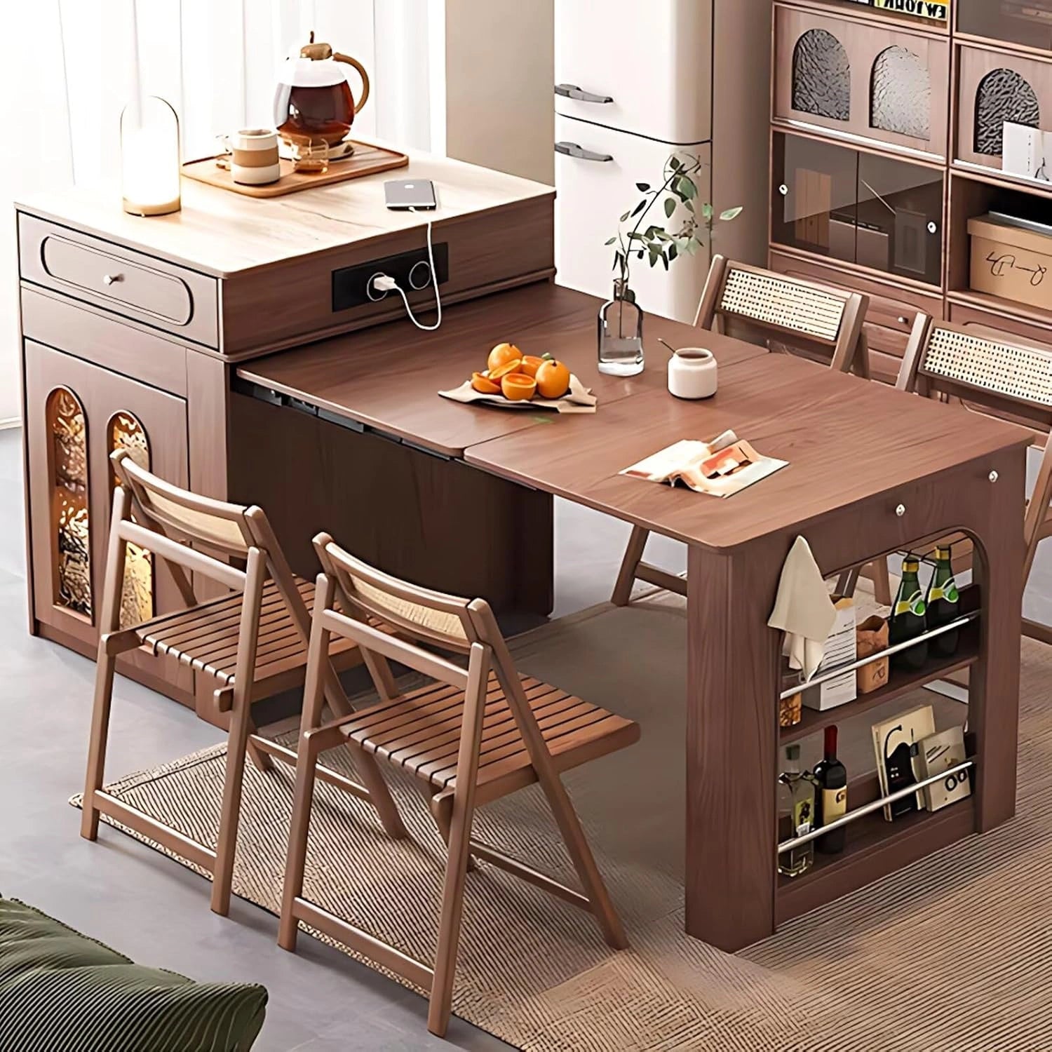 80” Retro Luxury Kitchen Island with Side Opening Storage Shelves (No Chair)