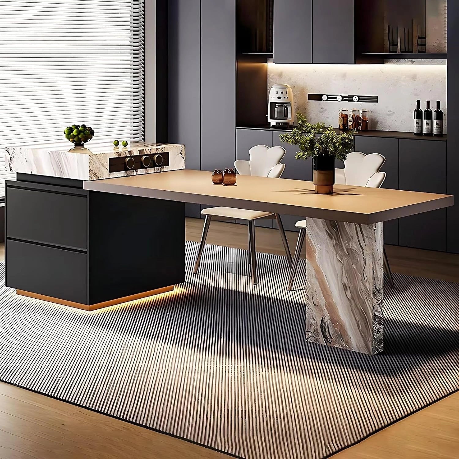 85” -101” Elegant Modern Kitchen Island Includes Color Blocked Pattern with Storage (No Chair)