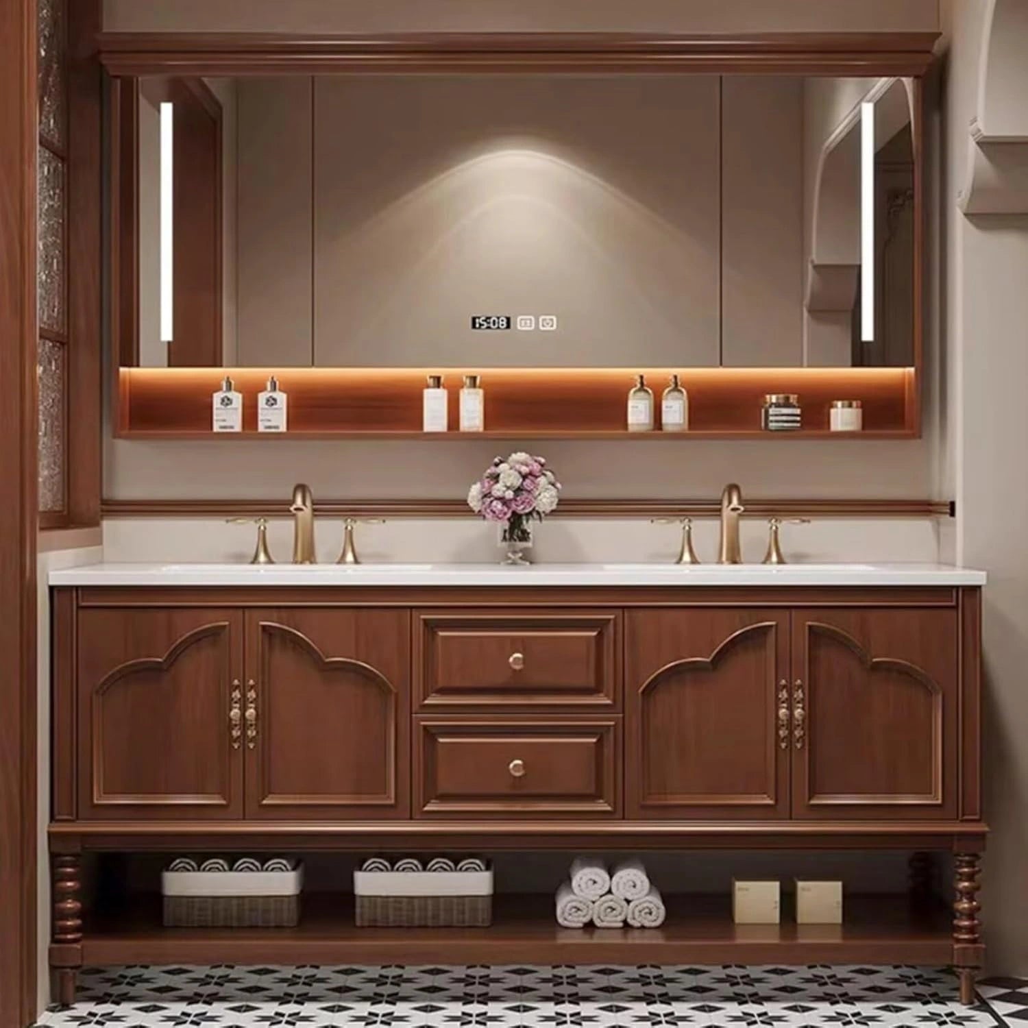 60” - 76” Unique Retro Bathroom Vanity with Open Storage Space