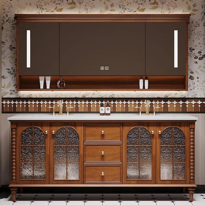 60” - 76” Retro Bathroom Vanity with Glass Door Design and Open Storage Rack