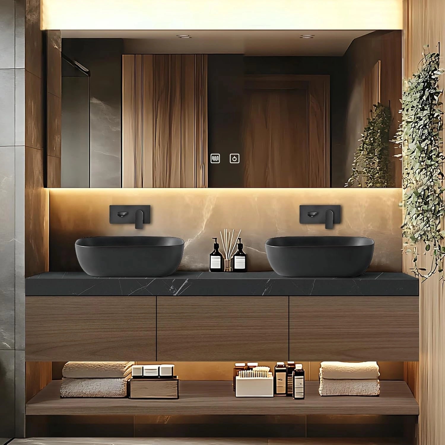 60” - 68” Minimalist Bathroom Vanity Includes Grey Sink & Wood Grain Cabinet