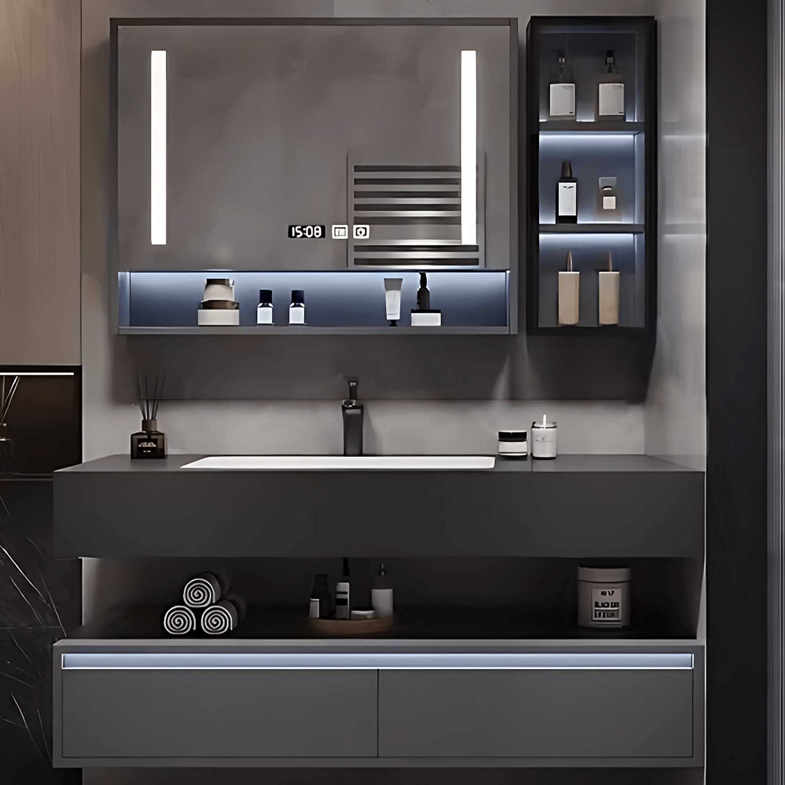 32"- 80" Floating Bathroom Vanity Cabinet with Single Sink and Smart LED Mirror Cabinet