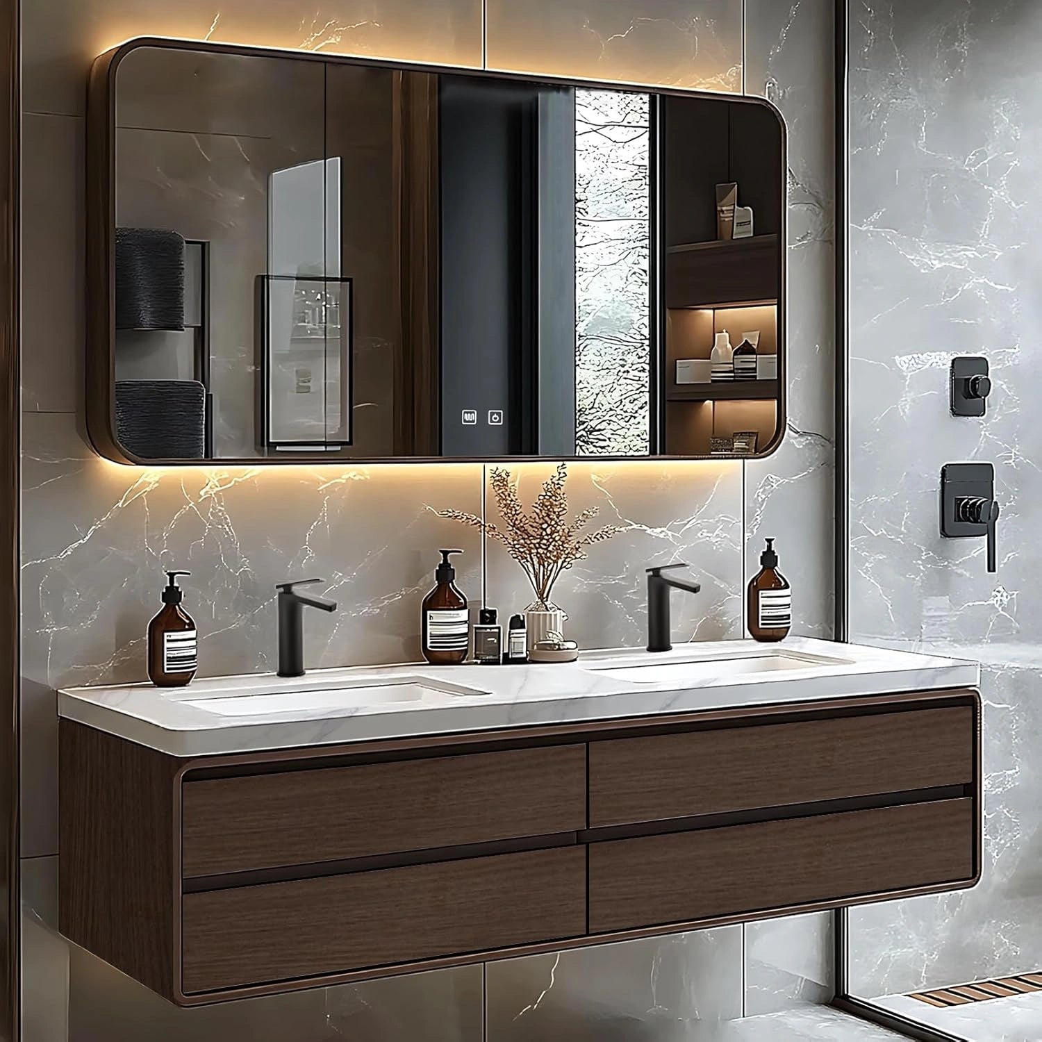 60” - 78” Simple Bathroom Vanity Includes Symmetrical Drawer & Textured Tabletop