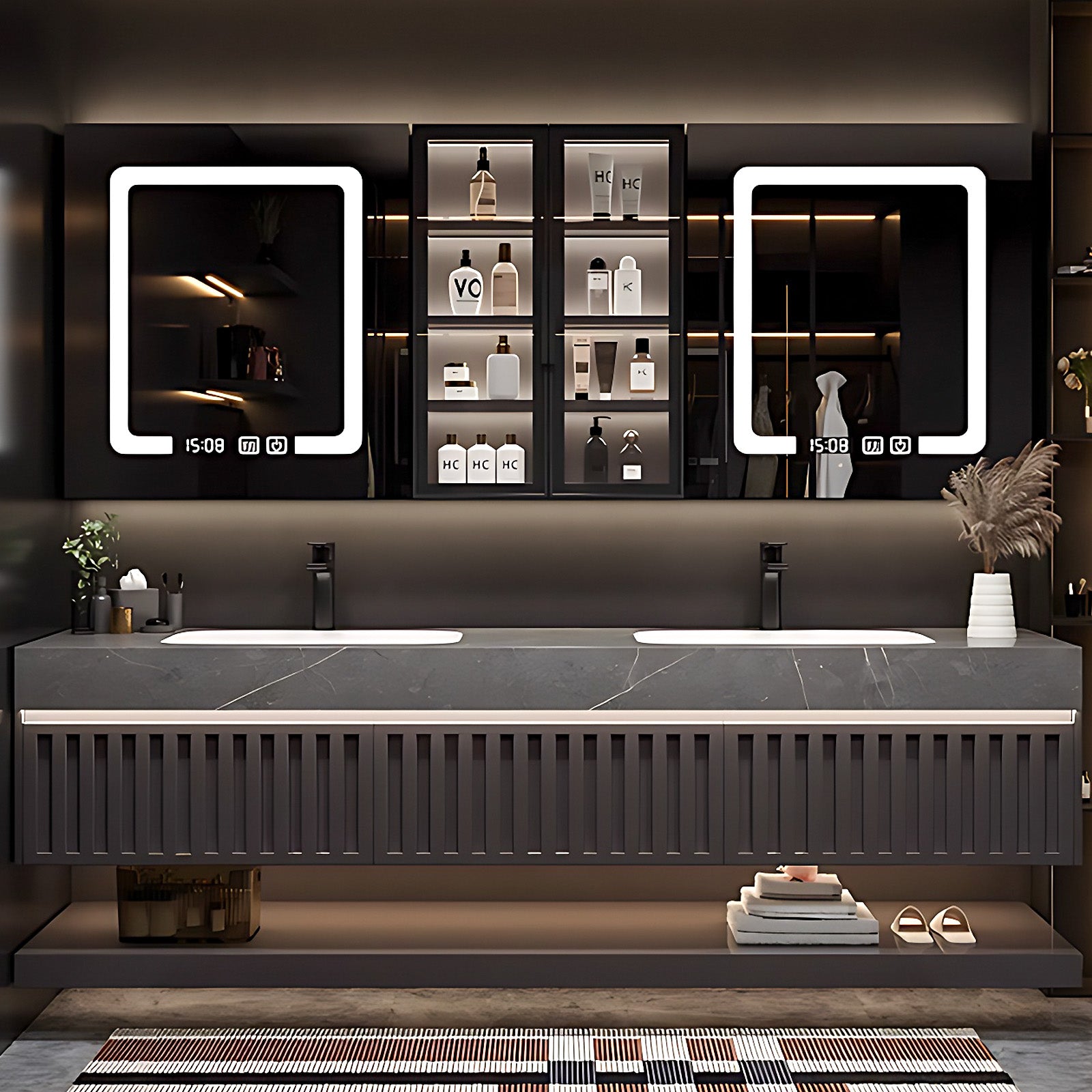 SALE 68'' Wall Mounted With Mirror Cabinet And Led Light With Double Sink and Faucet
