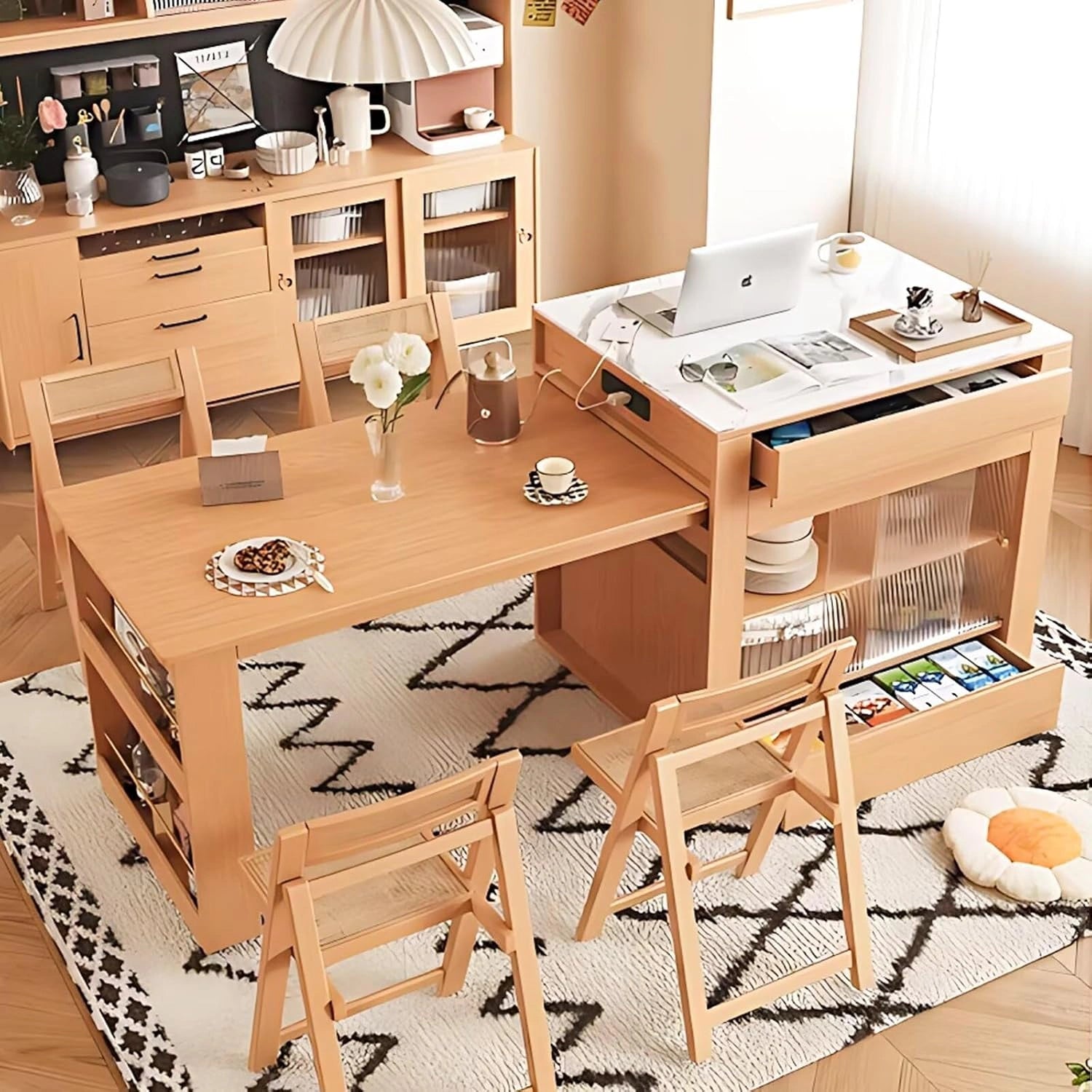 48” - 64” Log Minimalist Kitchen Island Includes Glass Sliding Door & Open Shelf (No Chair)