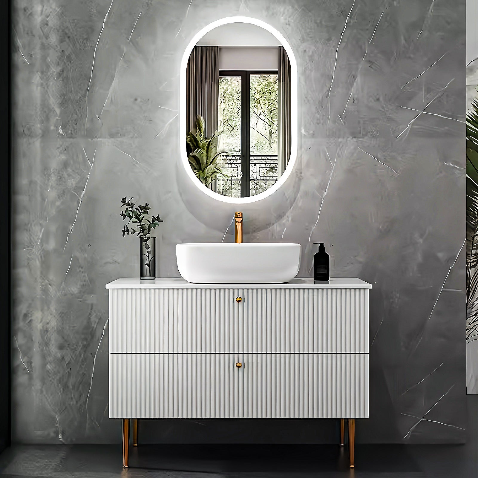 36"- 64" Freestanding Ceramics White Single Basin With Oval LED Smart Mirror