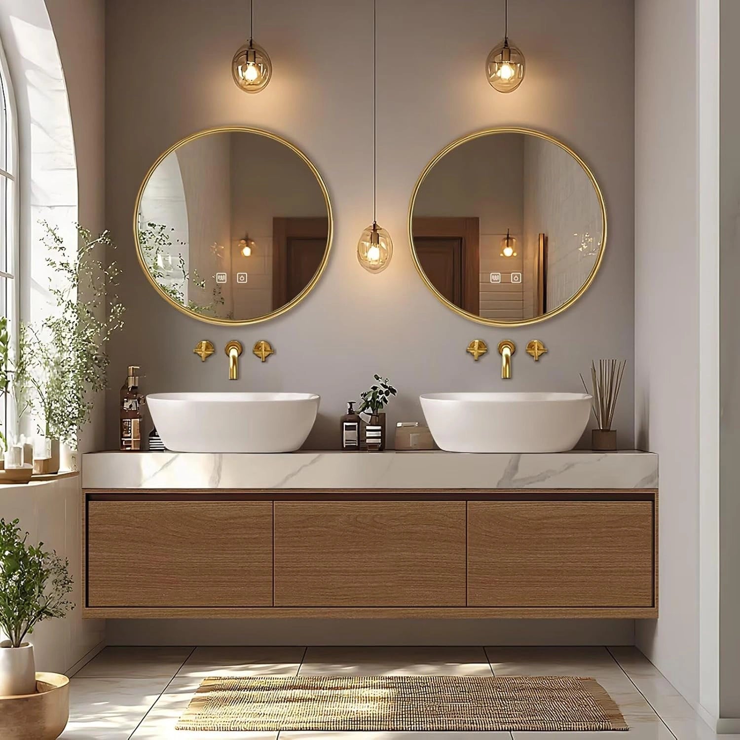 60” - 84” Minimalist Cozy Bathroom Vanity Includes Round Mirrors & Log Style Cabinet