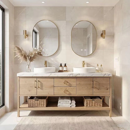 64” - 96” Simple Log Bathroom Vanity with Floor-Standing Log Wood Grain Cabinet