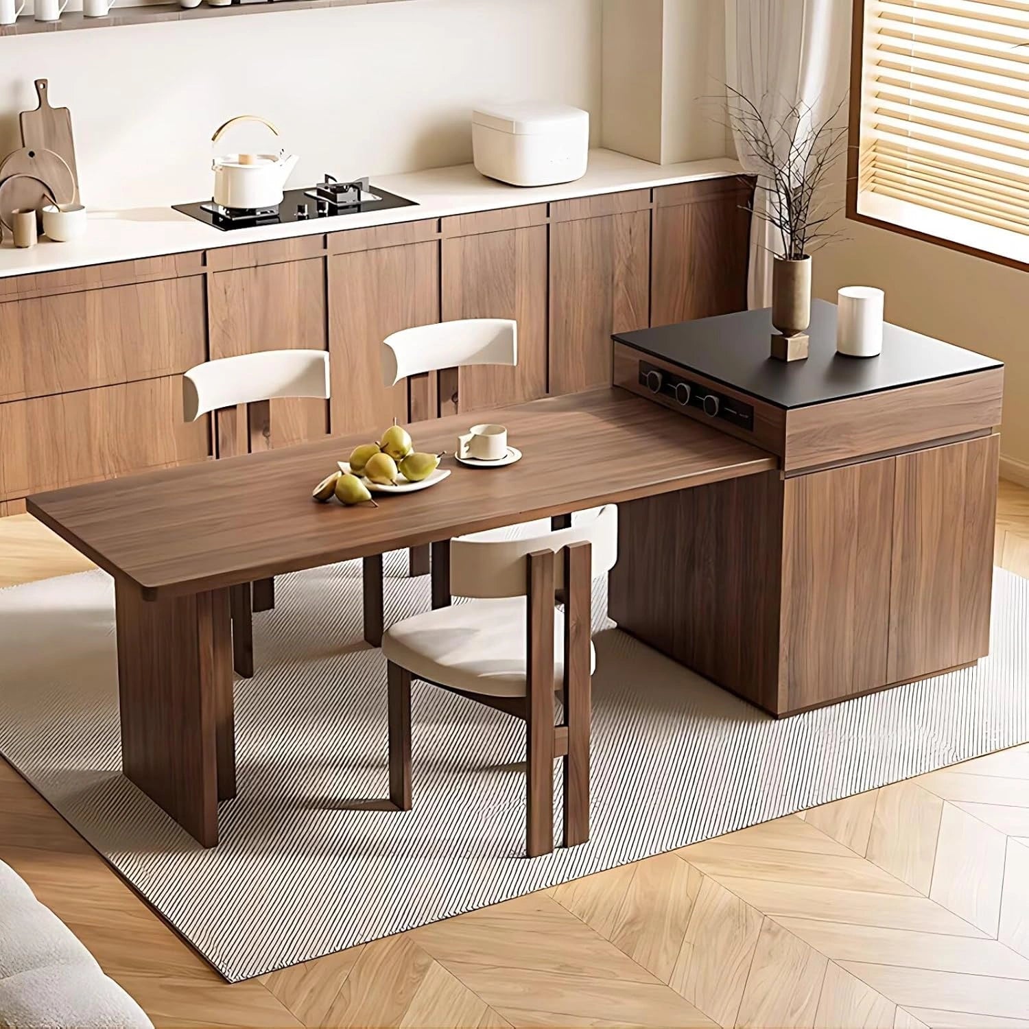 61” - 81” Brown Elegant Kitchen Island with Pull-Out Cabinet&Dining Table (No Chair)
