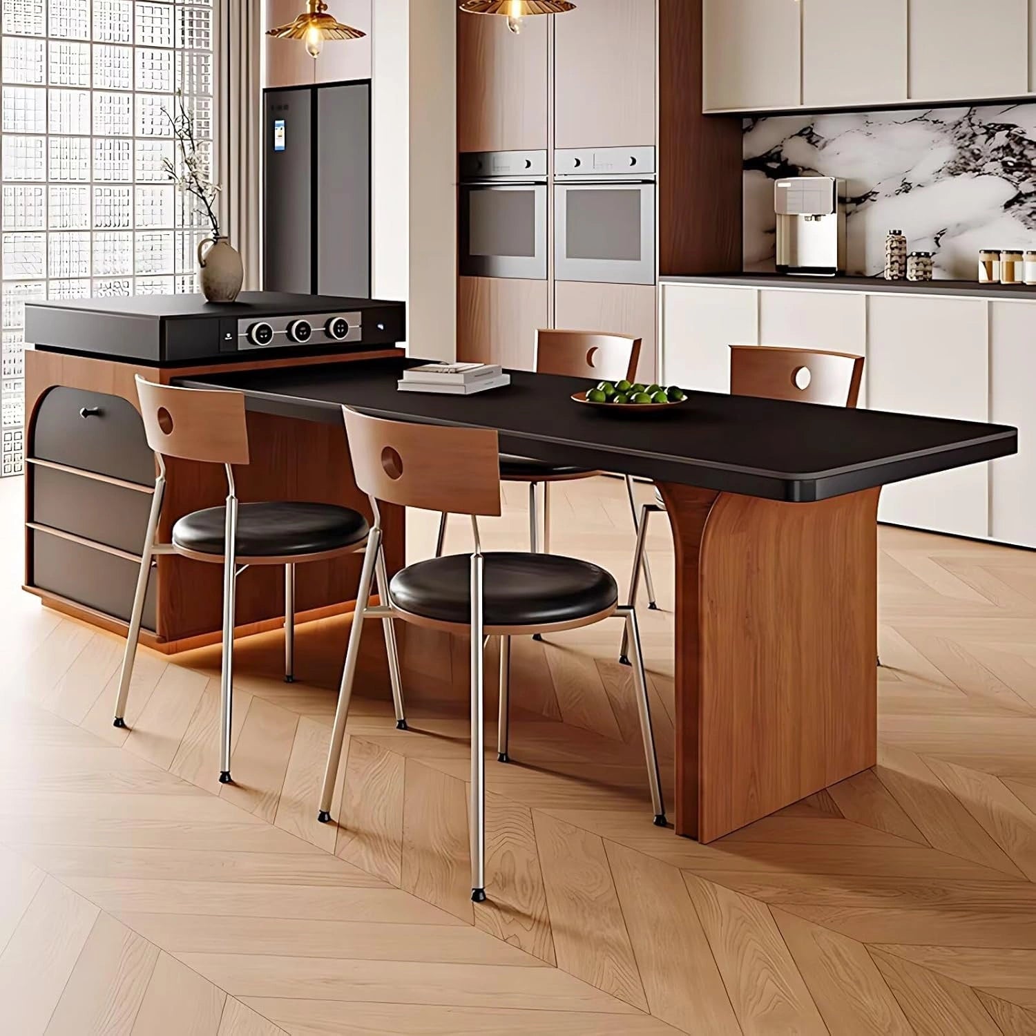 74” - 98” Unique Practical Kitchen Island Includes Black-Brown Color Matching (No Chair)