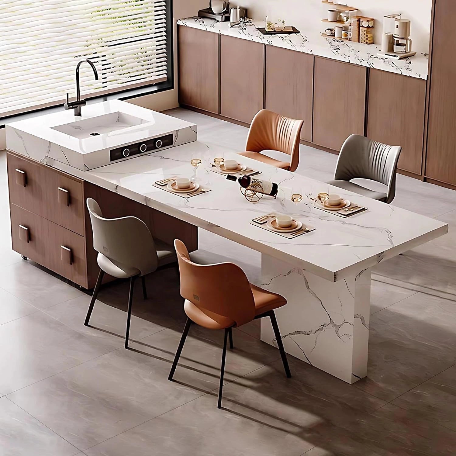 94" - 102" White Exquisite Kitchen Island Includes Brown Panel with Handle (No Chair)