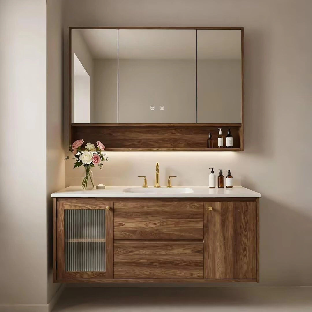 40” - 64” Floating Luxury Bathroom Vanity Includes Vertical Striped Glass