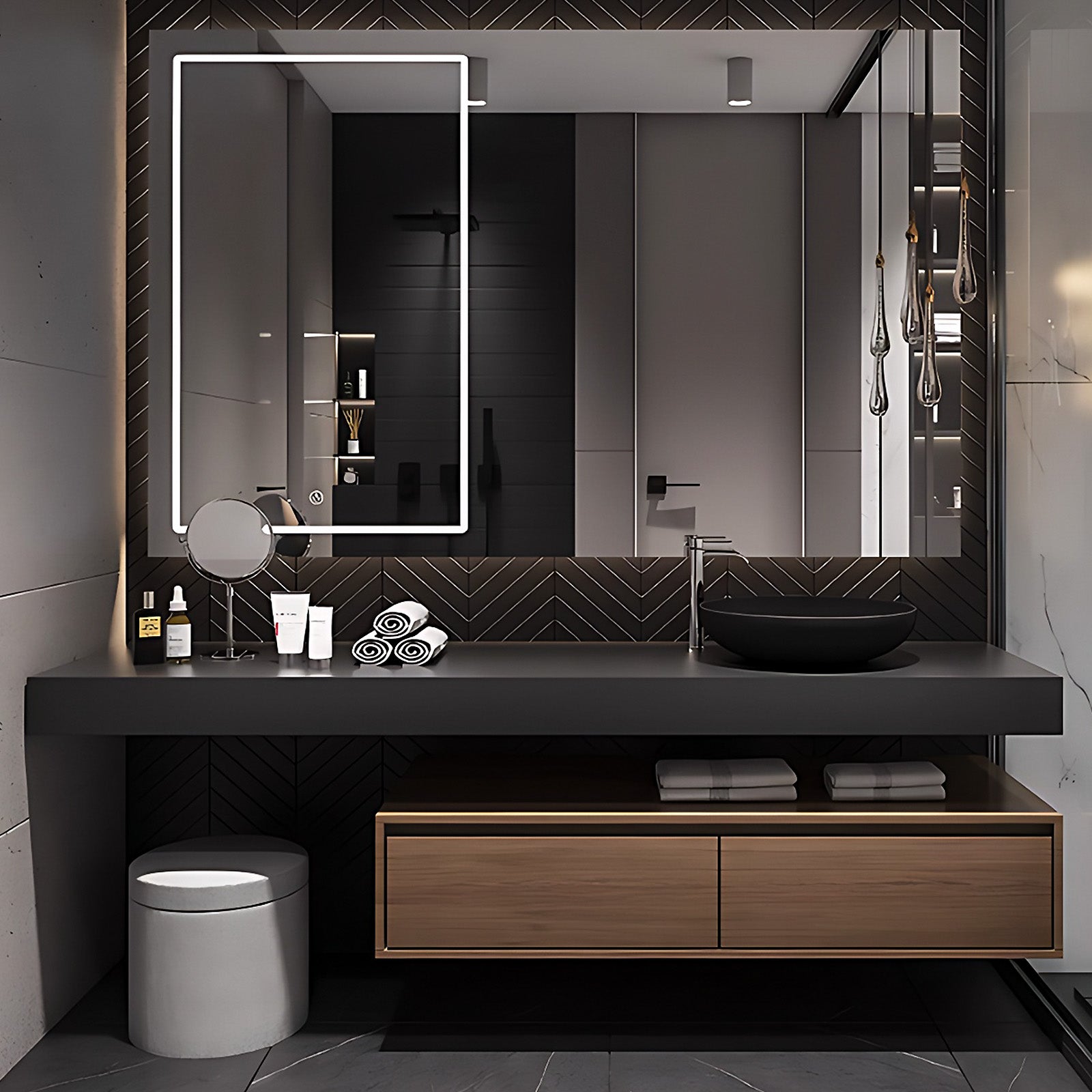 52"- 78" Wall Mounted Black Single Basin and Sink Open Shelving With Intelligent Mirror