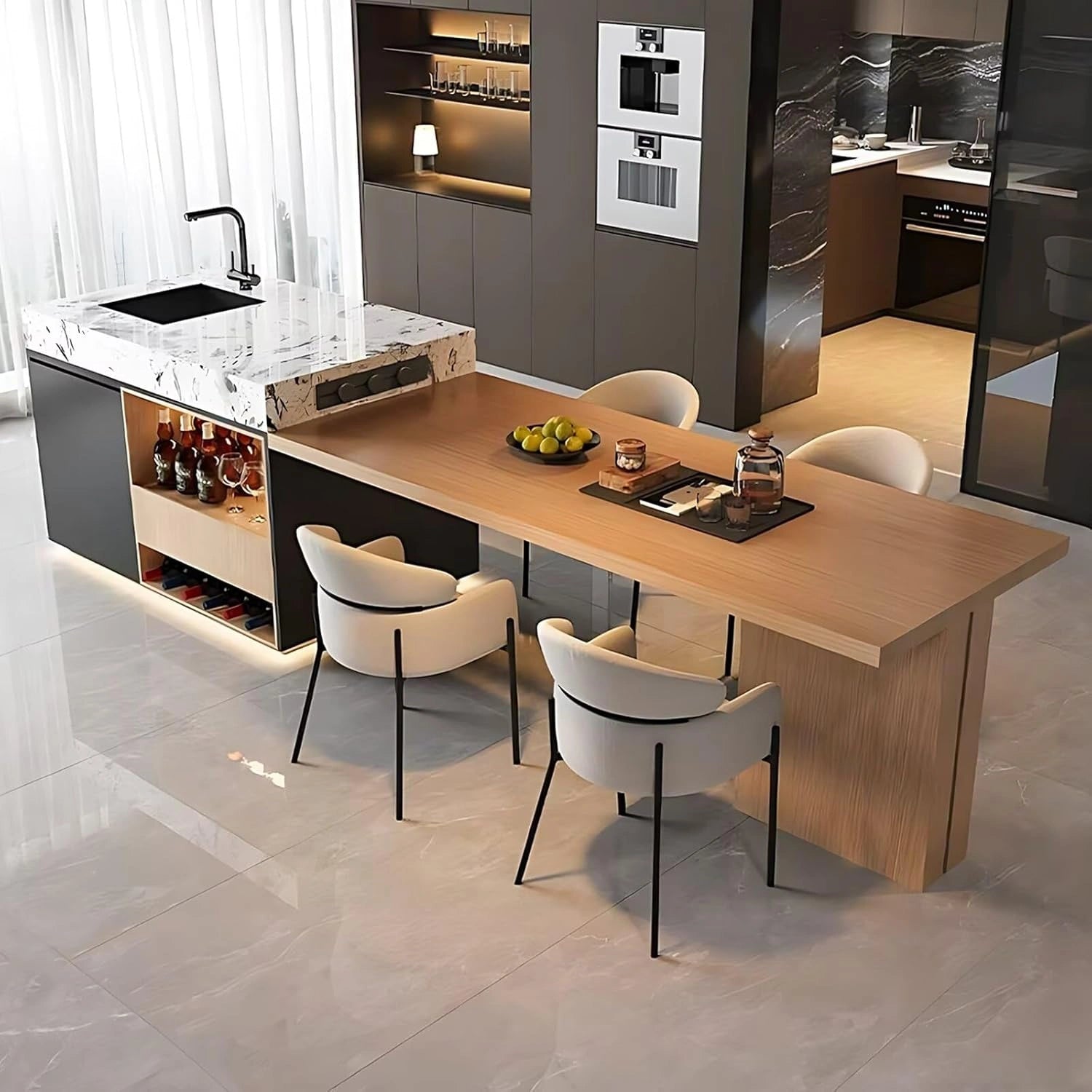 87” - 98” Brown Modern Kitchen Island Includes Log Style Design (No Chair)