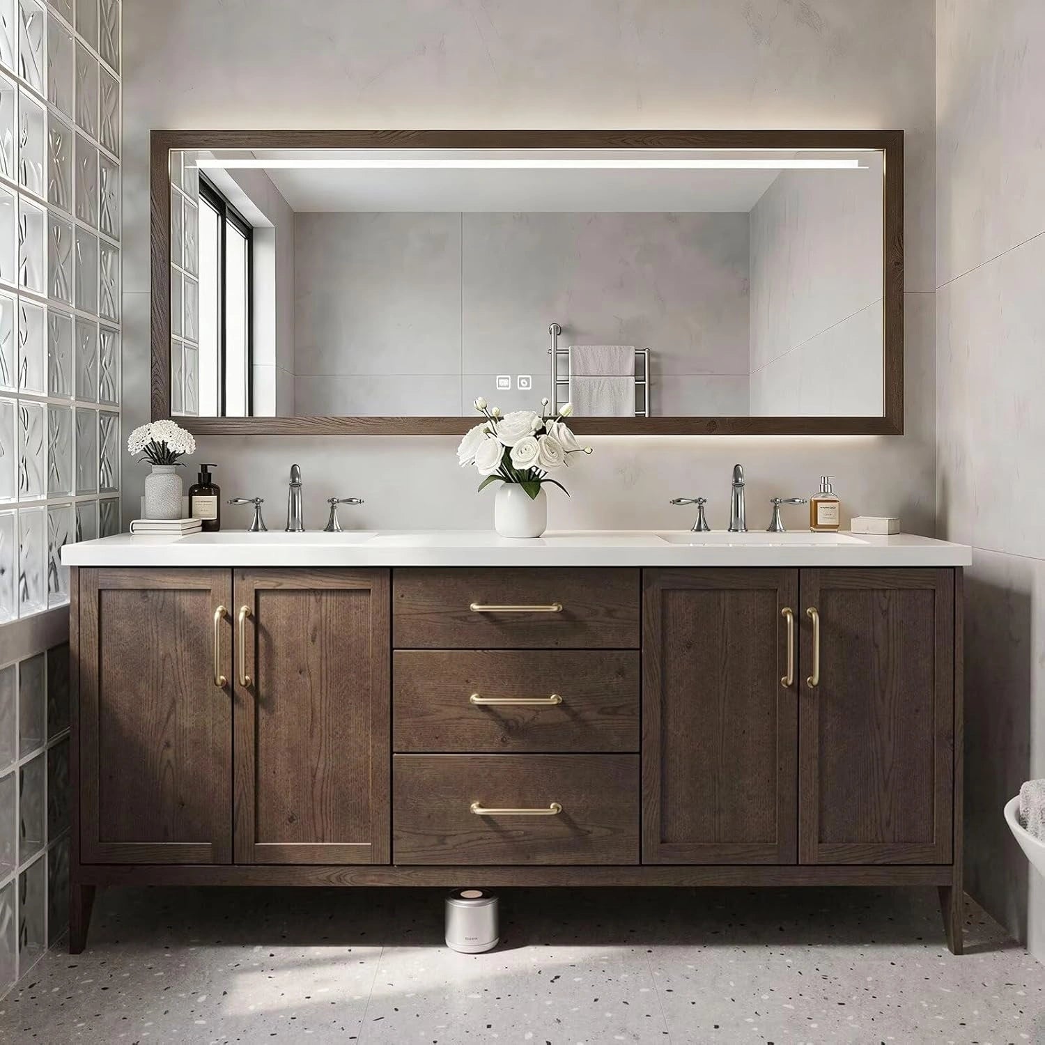 64” - 96” Bathroom Vanity with Floor Mount Wood Texture Cabinet