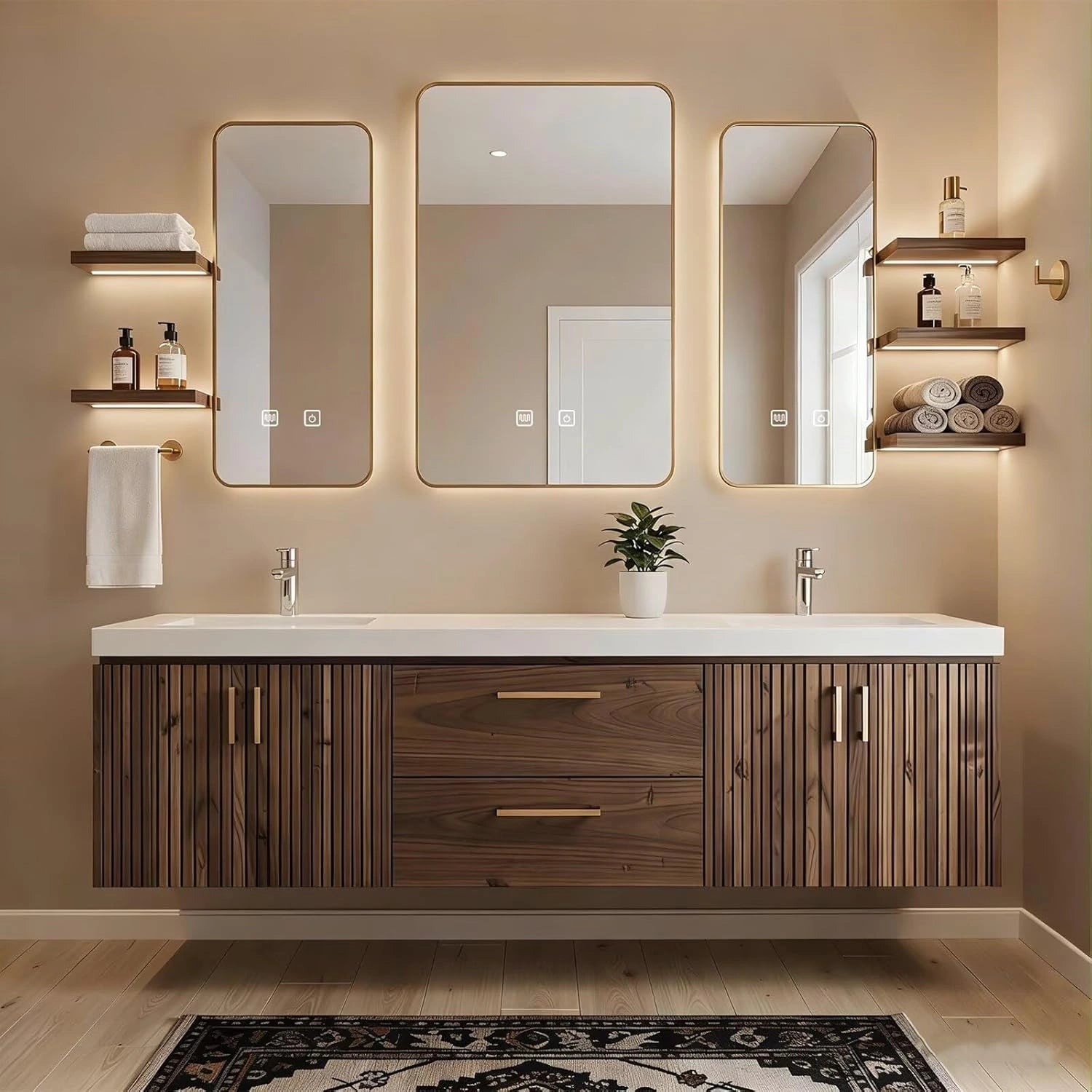 60” - 84” Warm Practical Bathroom Vanity with Smart Defogging & Double Sink