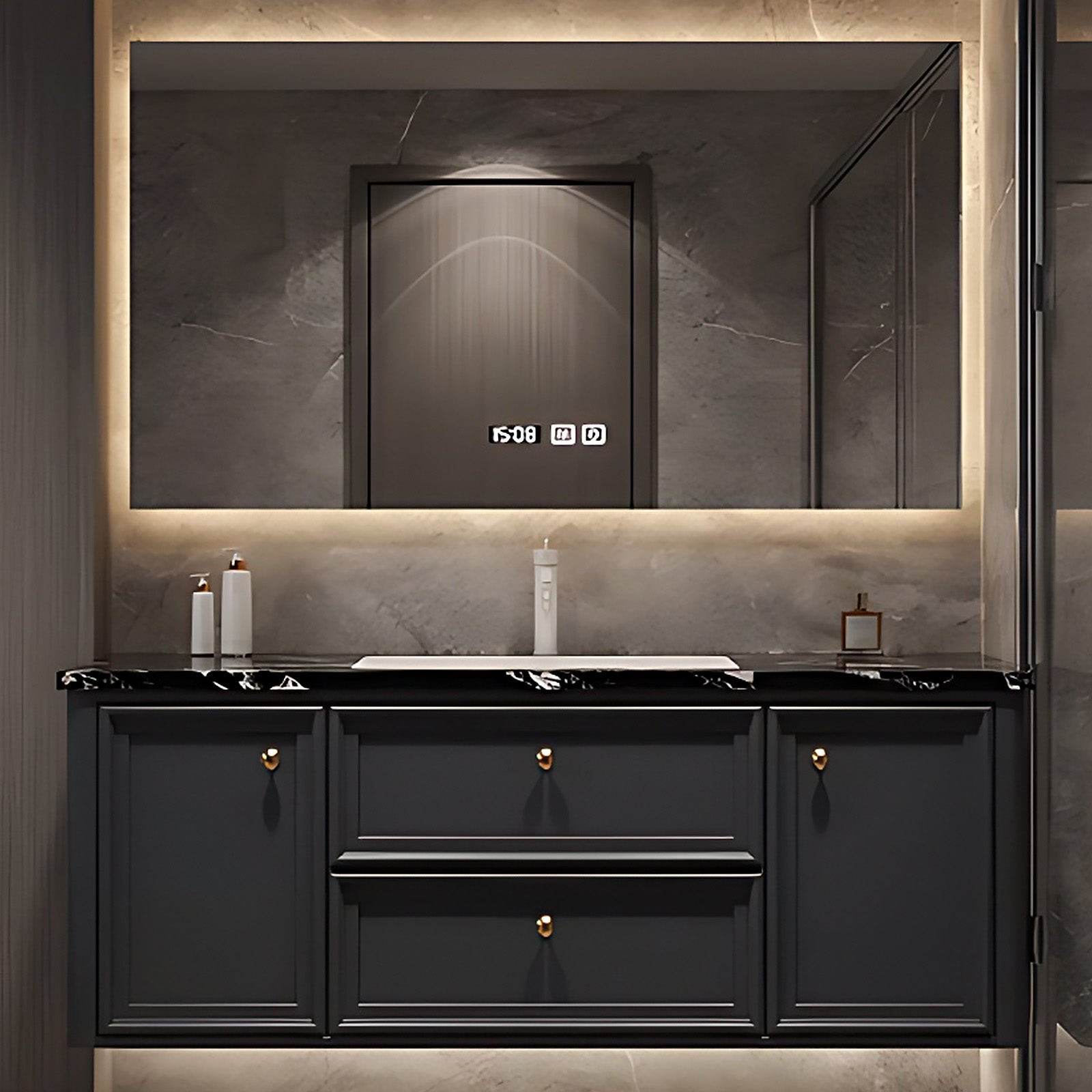 44"- 64" Black Bathroom Vanity with Smart Led Mirror and Single Ceramic Basin