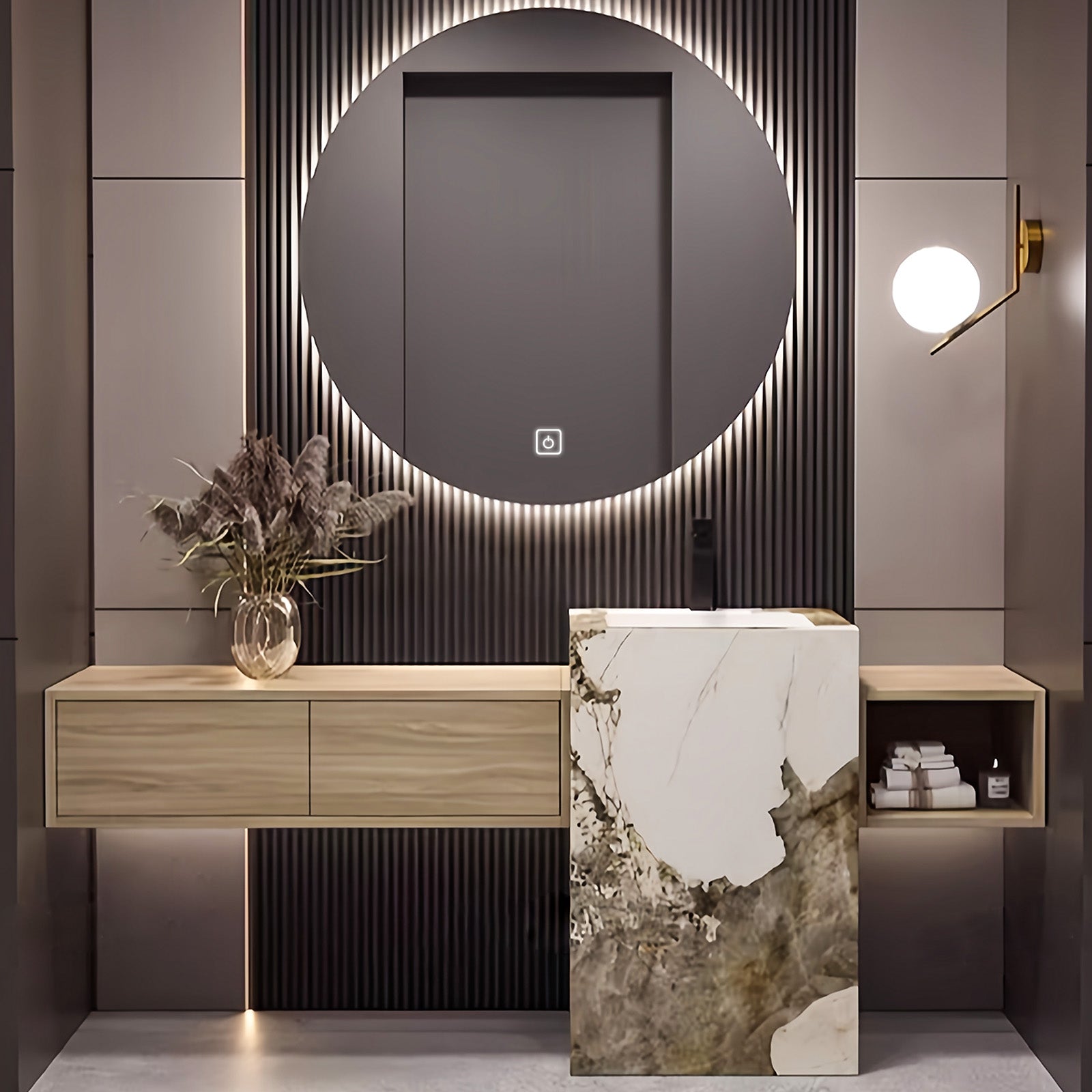 52"- 72" Round Mirror With LED Lighting And Natural Wood Color Single Basin And Sink