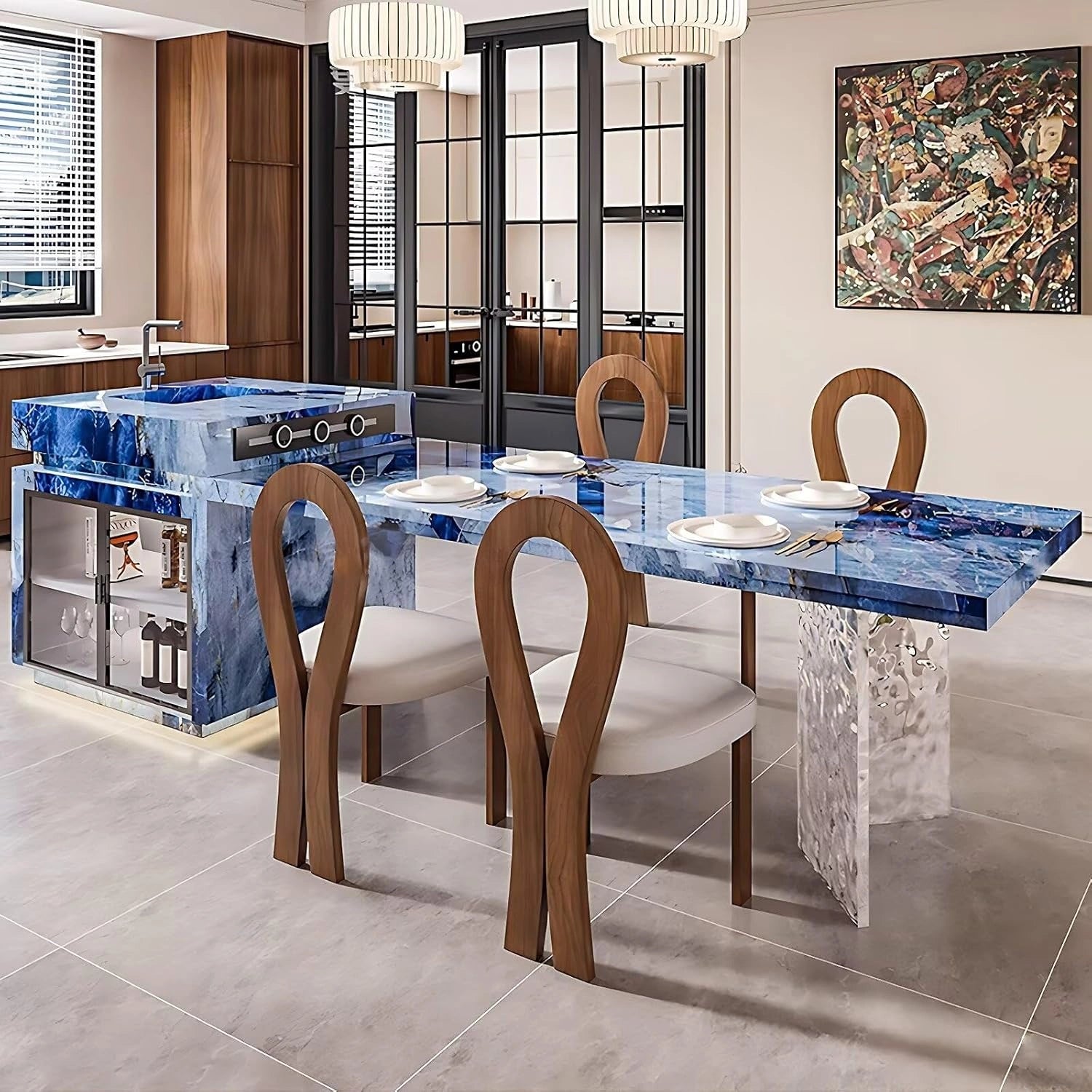 94” - 109” Exquisite Kitchen Island with Blue Unique Texture & Visual Storage (No Chair)