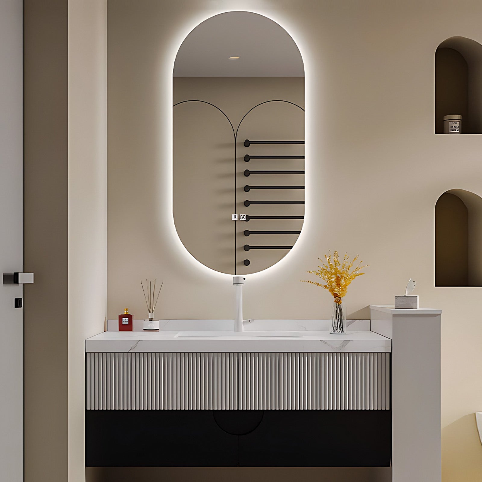 40"- 64" Oval Smart LED Lighting Mirror and Single Sink