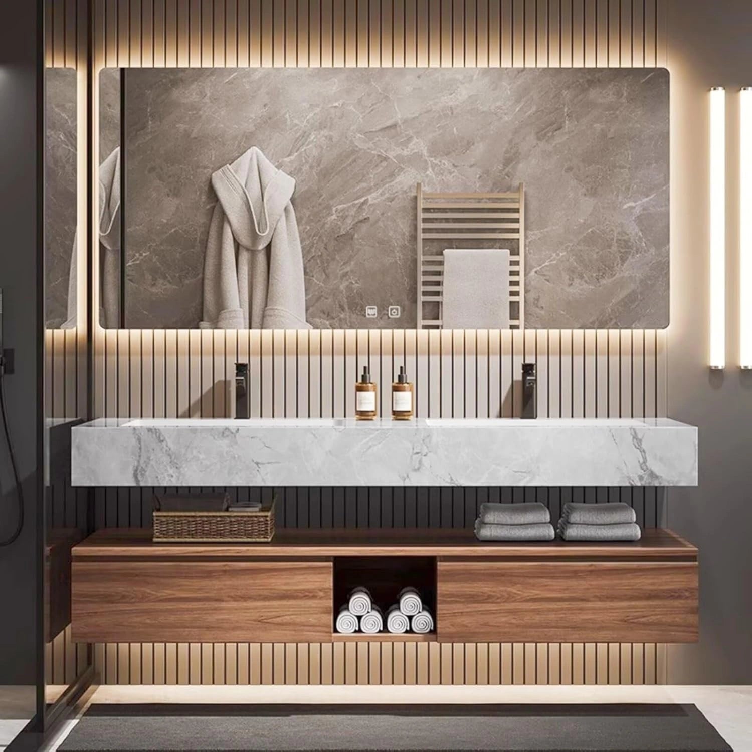 60” - 78” Modern Wood Bathroom Vanity with White Textured Rock Countertop