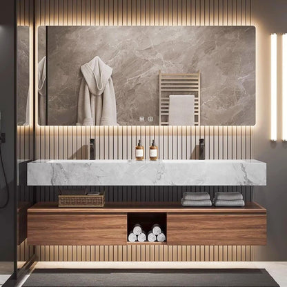 60” - 78” Modern Wood Bathroom Vanity with White Textured Rock Countertop