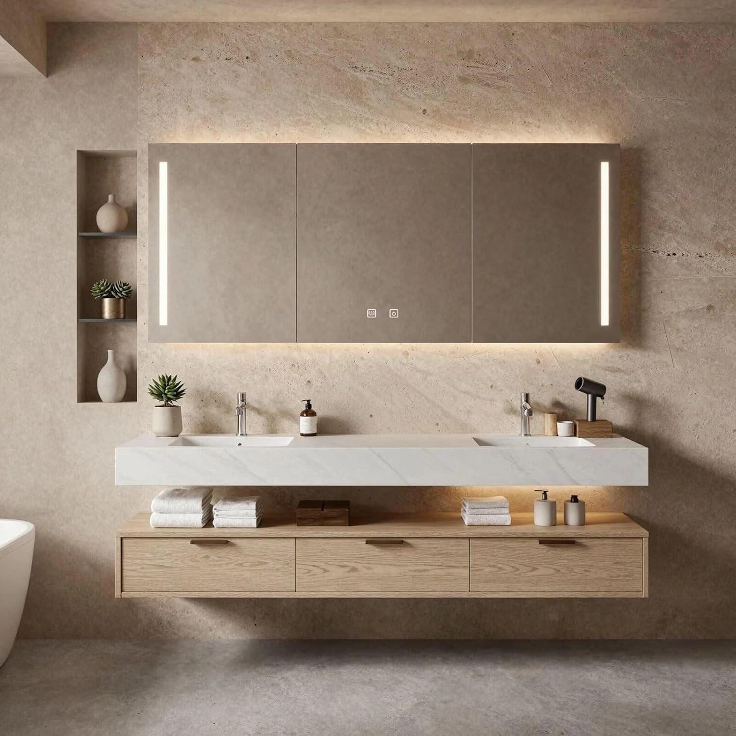 60” - 84” Wood Grain Bathroom Vanity with LED Lighting & Double Sink