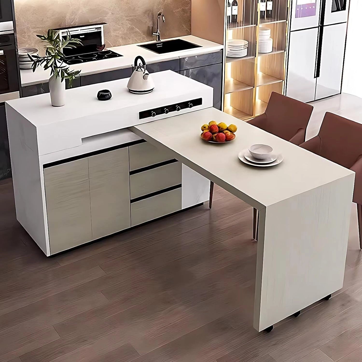 55” Modern Unique Kitchen Island Includes Integrated Slate Dining Table (No Chair)