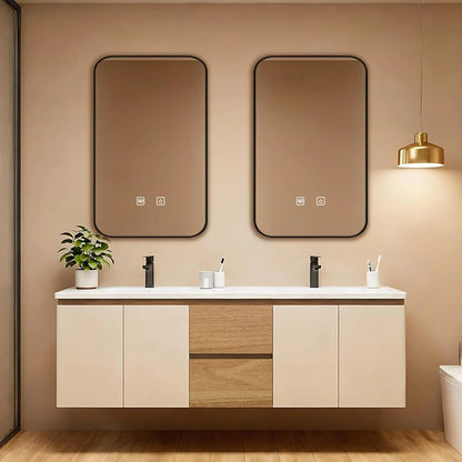 60” - 84” Modern Smart Bathroom Vanity with Wood and White Cabinet