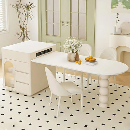 65” - 73” White Simple Kitchen Island with Various Storage Spaces & Slide Rail Socket (No Chair)