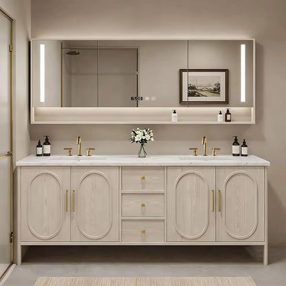 68” - 84” French Bathroom Vanity Includes Beige Wood Grain & Curved Ornamentation