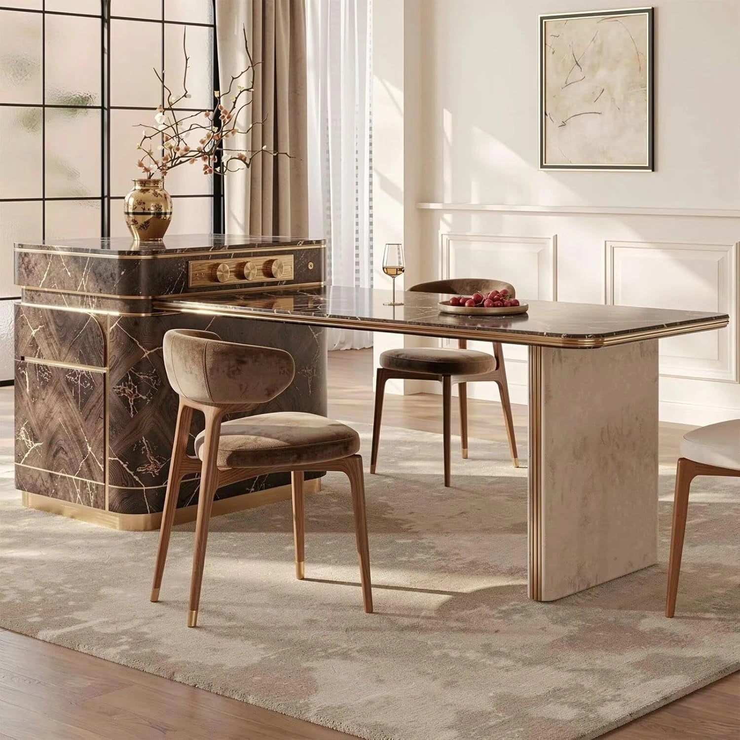 75” Luxury Modern Kitchen Island with Marble & Wood Material