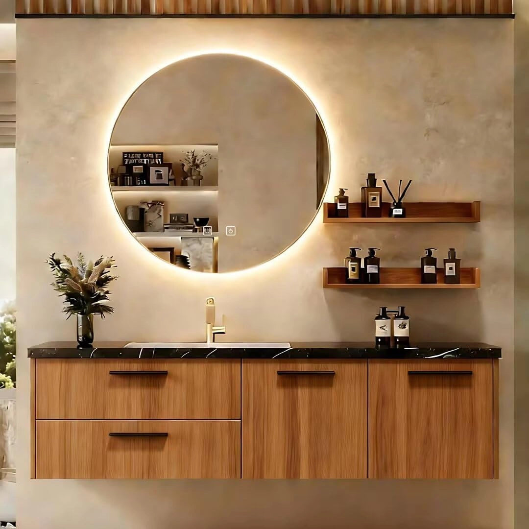 48” - 68” Wood Grain Bathroom Vanity with Round Smart Anti-Fog Mirror