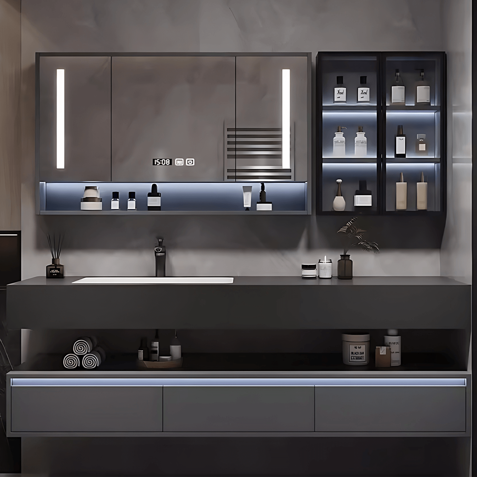 32"- 80" Floating Bathroom Vanity Cabinet with Single Sink and Smart LED Mirror Cabinet