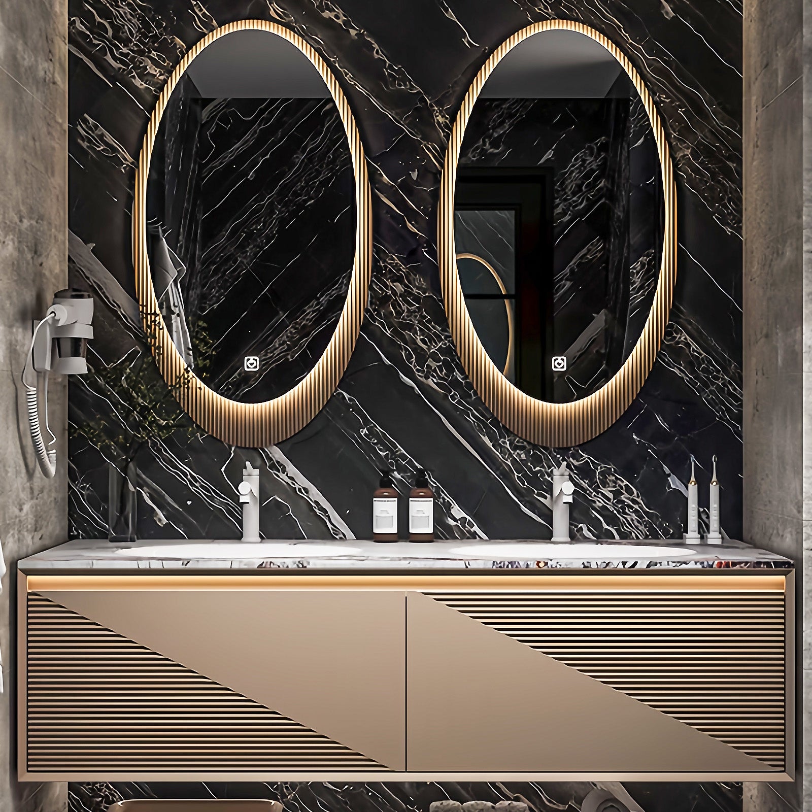 56"- 78" Bathroom Vanity with Led Oval Mirror and Double Ceramic Basin