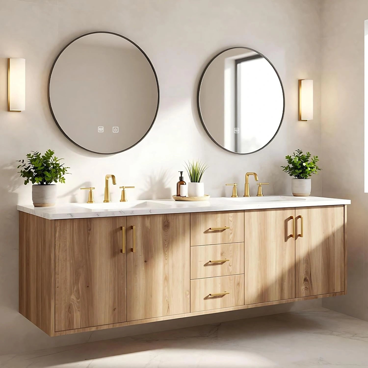 60” - 84” Cozy Country Bathroom Vanity with Round Smart Mirror & Exquisite Handle