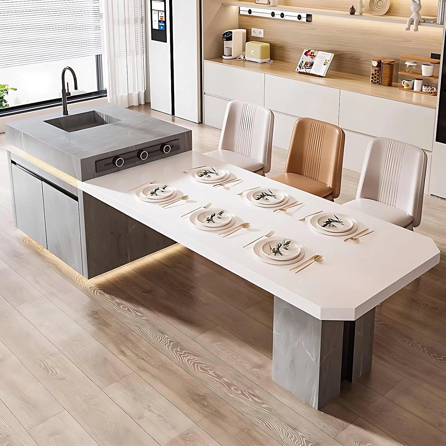 94” - 109” Unique White Kitchen Island Includes Metal Frame Visual Storage (No Chair)
