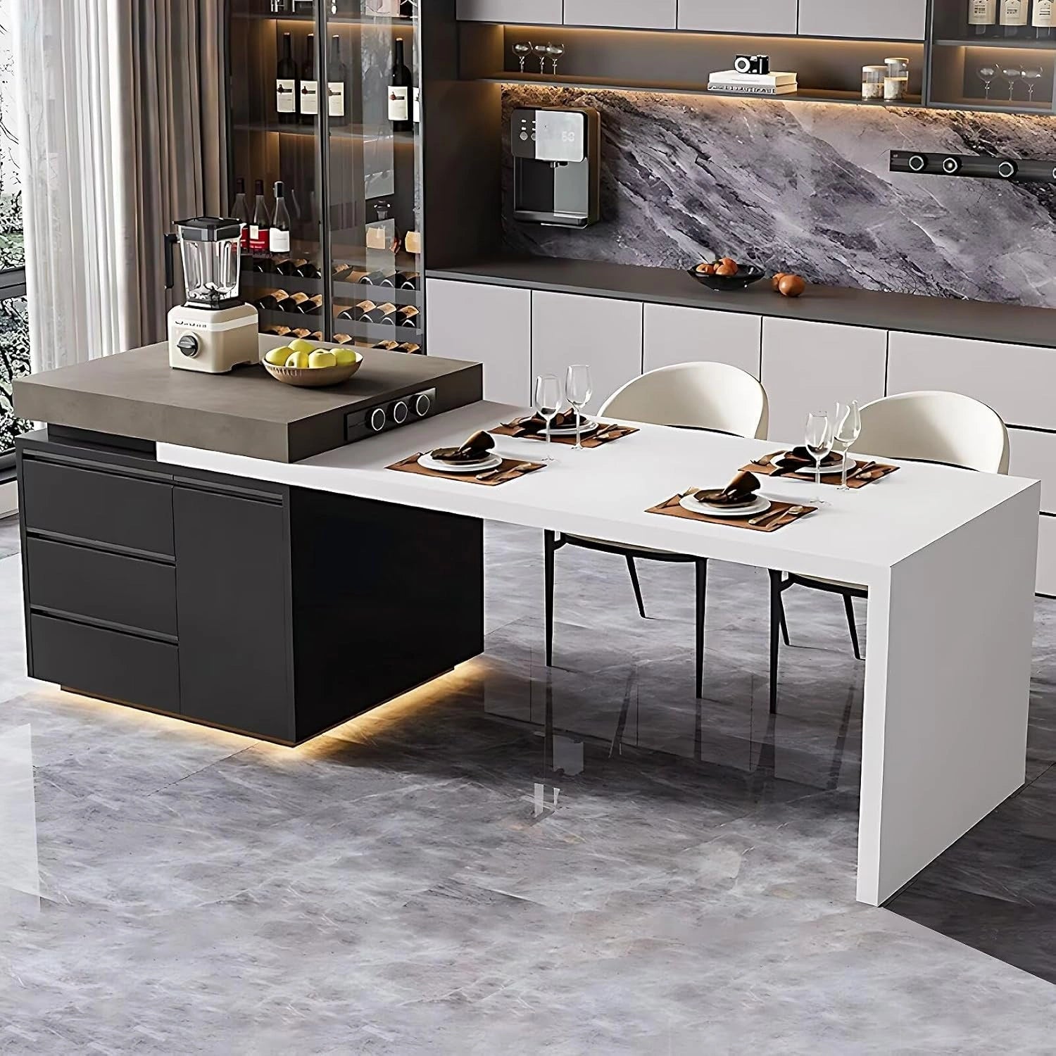 87” - 102” Simple Modern Kitchen Island with Atmosphere Lights & Storage (No Chair)