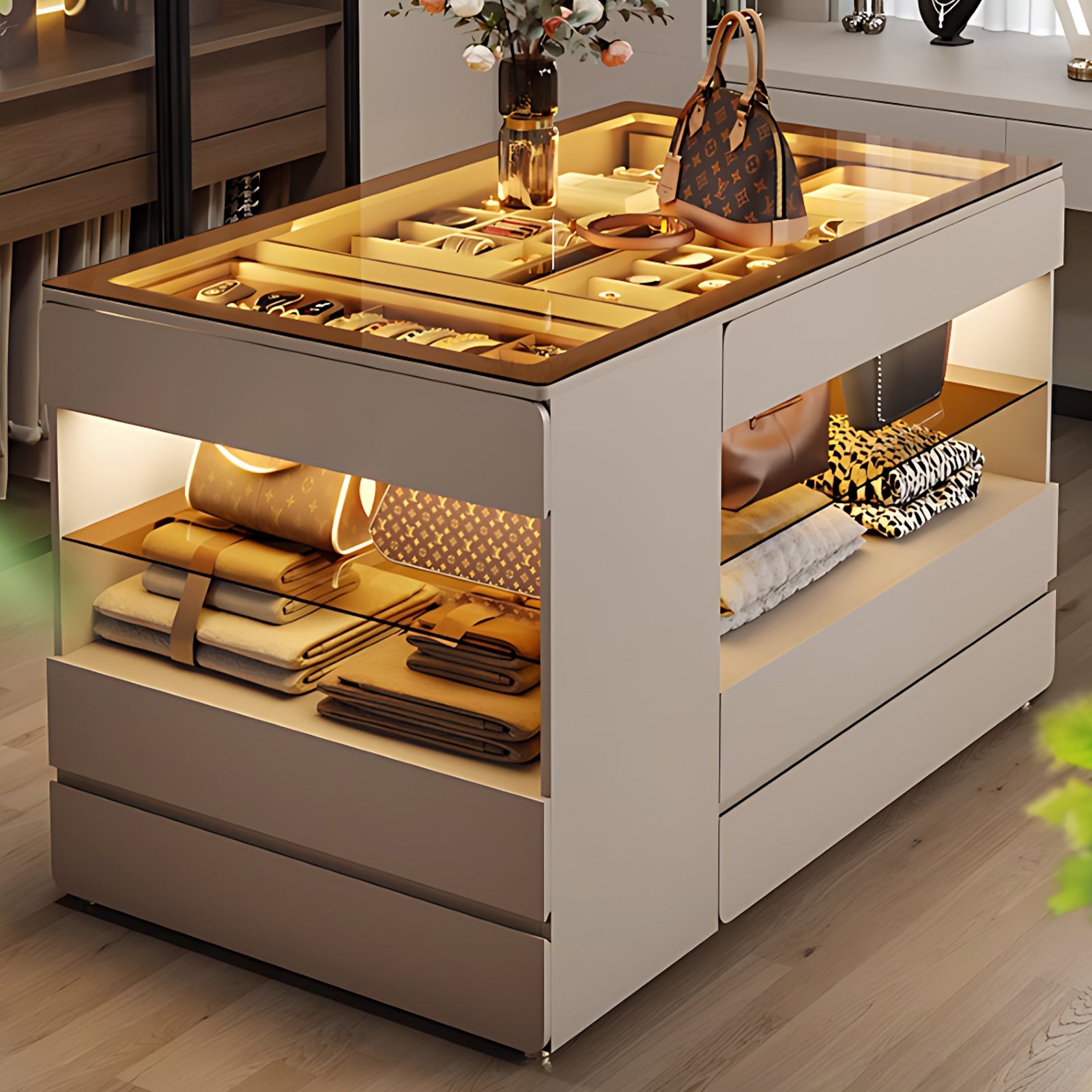 Closet Island with LED Mood Light,Glass Top Island with Jewelry Storage