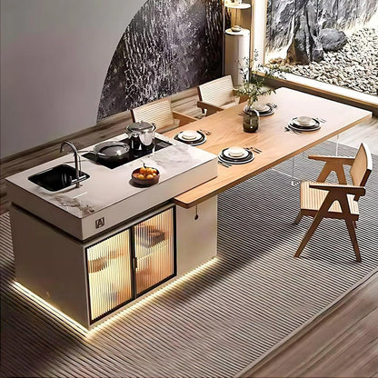 91” Modern Luxury Kitchen Island Includes Integrated Slate Sink for 2-8 Person (No Chair)