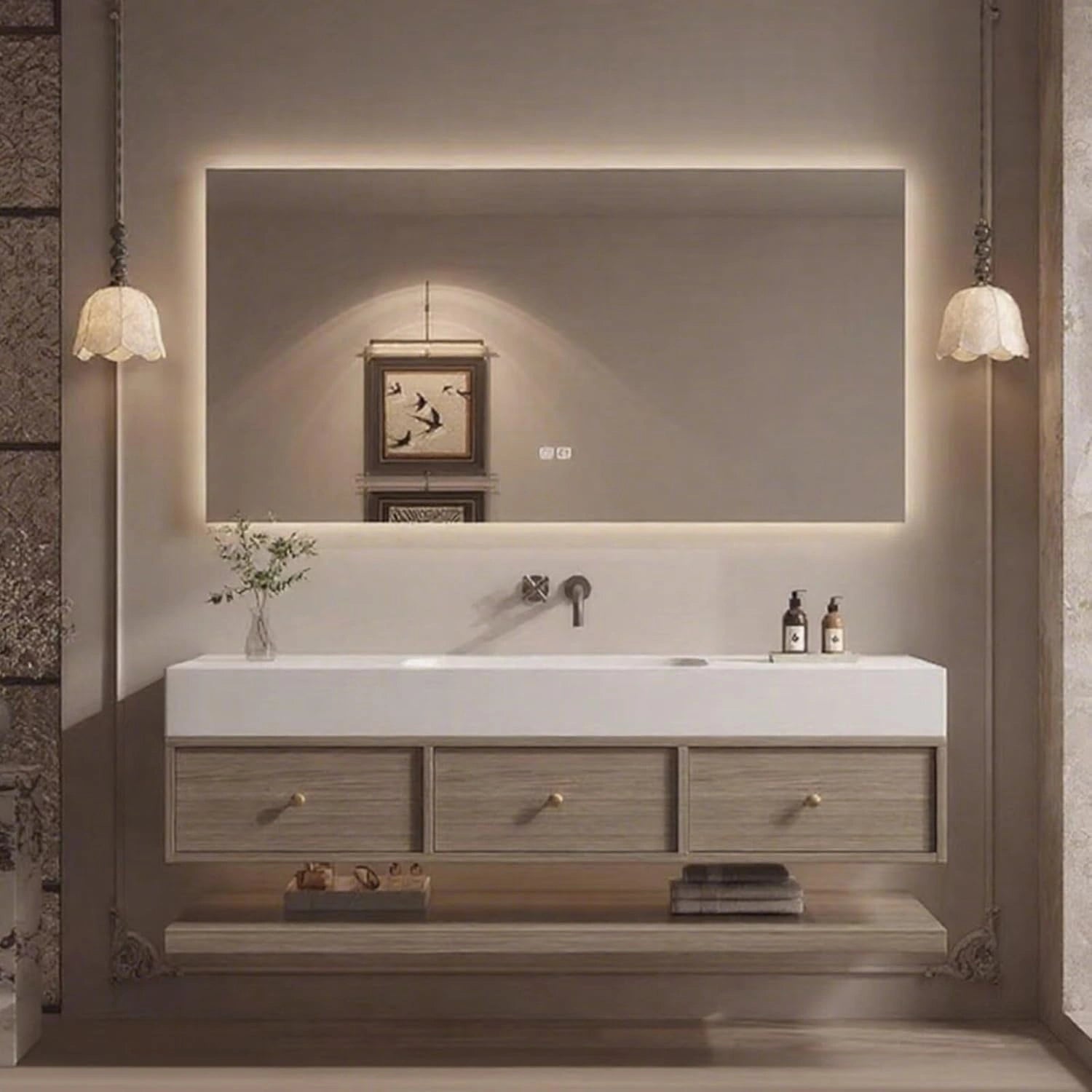 60” - 68” Retro Exquisite Bathroom Vanity Includes Wood Grain Cabinets & Open Shelving