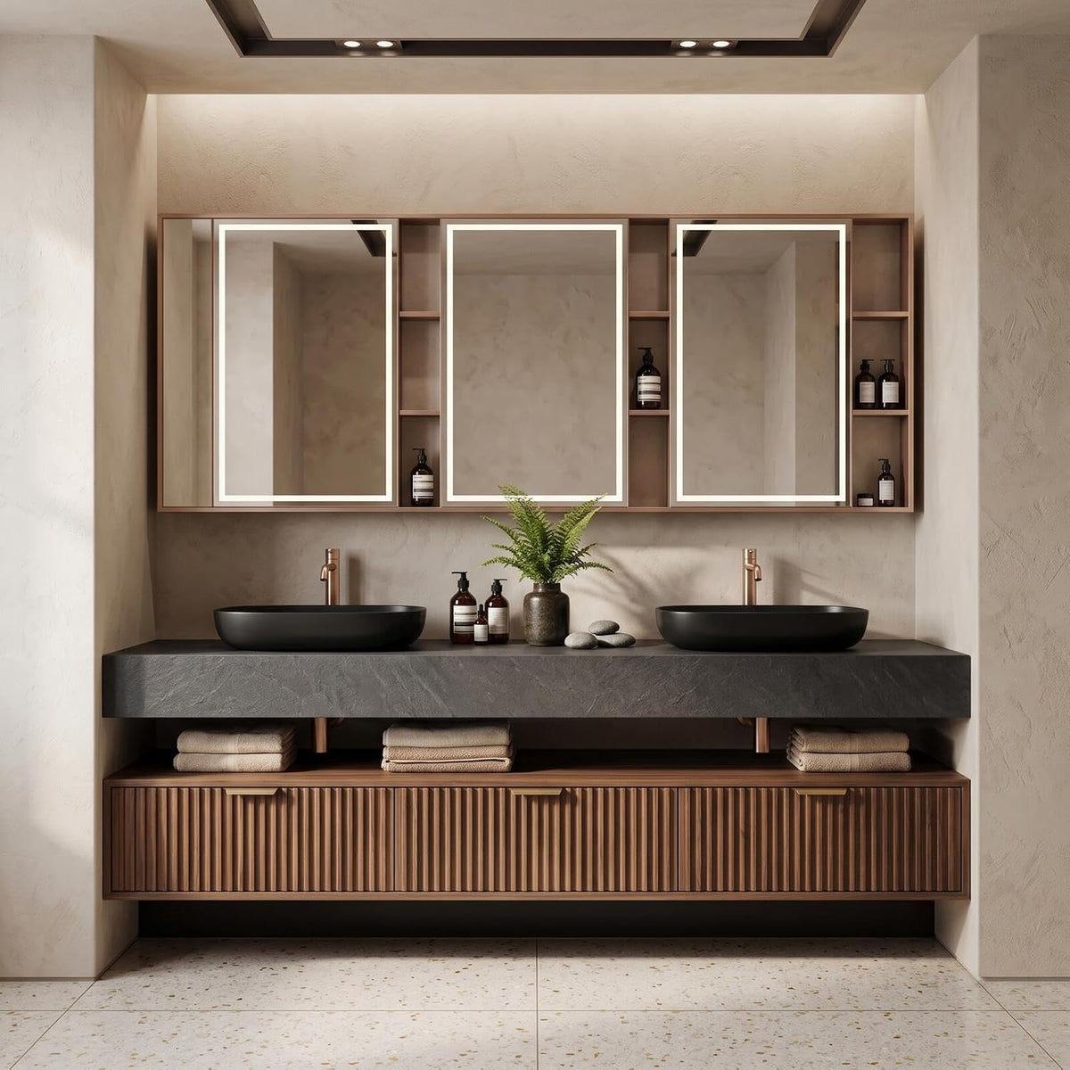 72-110‘ ’Floating Bathroom Vanity with Double Sink with Fluted Wood Front
